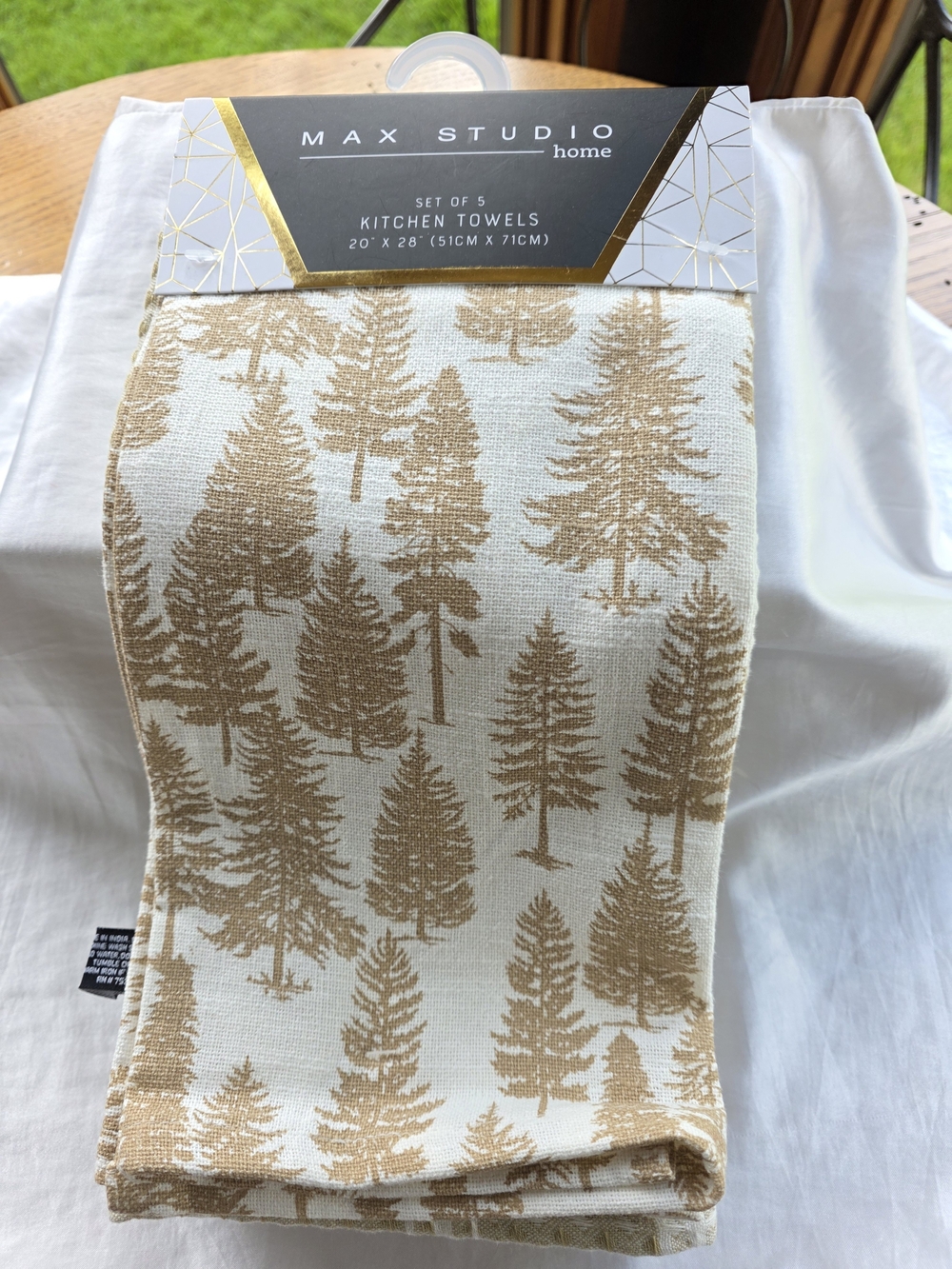 Max Studio Home Cream and Tan Tree-Print Kitchen Towels - Set of 5 NWT